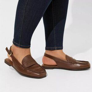 Torrid Women's Cognac Brown Leather Square Toe Slingback Flat Loafer Size 9WW